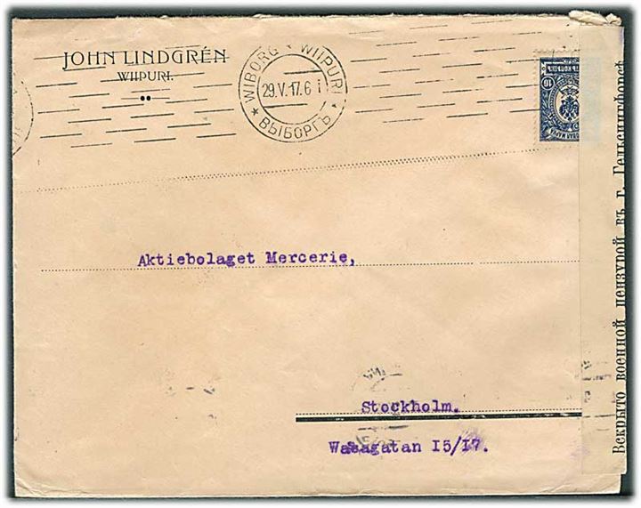 Russisk 10 kop. Våben på brev fra Wiborg d. 29.5.1917 til Stockholm, Sverige. Åbnet af russisk censur i Helsingfors.