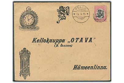 1 mk. Løve på illustreret firmakuvert annulleret med nr.stempel 363 (?) og sidestemplet Pello d. 14.10.1925 til Hämeenlinna.