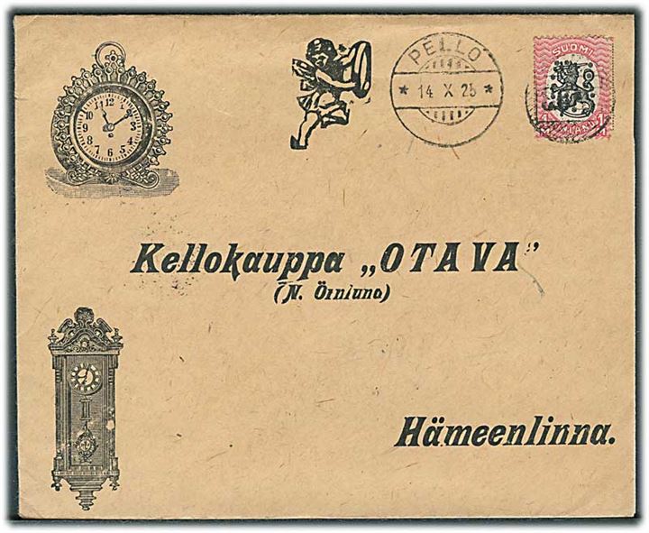 1 mk. Løve på illustreret firmakuvert annulleret med nr.stempel 363 (?) og sidestemplet Pello d. 14.10.1925 til Hämeenlinna.