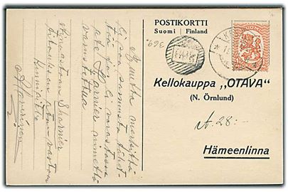 1 mk. Løve på brevkort stemplet Kesälahti d. 19.3.1928 og sidestemplet med nr.stempel Hämeenlinna.