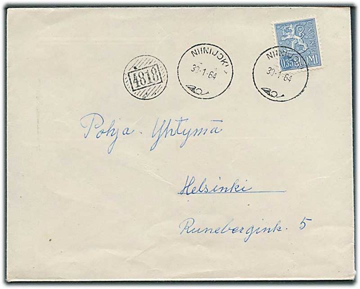 0,35 mk. Løve på brev fra Niinijoki d. 30.1.1964 og sidestemplet med nr.stempel 4818 til Helsinki.