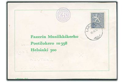 0,30 mk. Løve på brevkort stemplet Lantula d. 19.9.1970 og sidestemplet med violet nr.stempel 5648 til Helsinki.