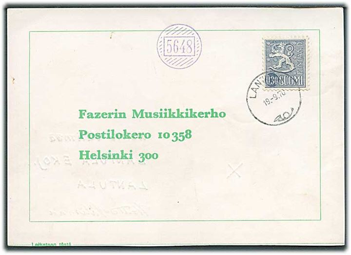 0,30 mk. Løve på brevkort stemplet Lantula d. 19.9.1970 og sidestemplet med violet nr.stempel 5648 til Helsinki.