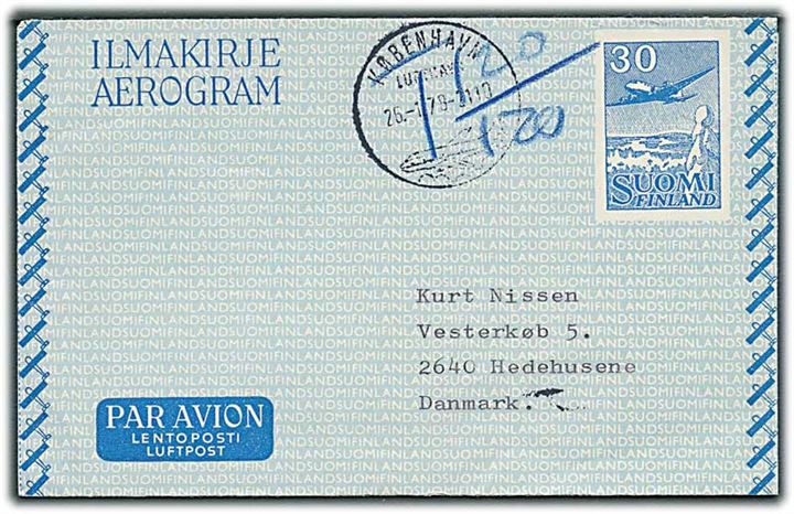Finsk 30 mk. helsags aerogram sendt fra Københavns Lufthavn d. 26.1.1978 til Hedehusene, Danmark. Frankering markeret ugyldig og udtakseret i porto.