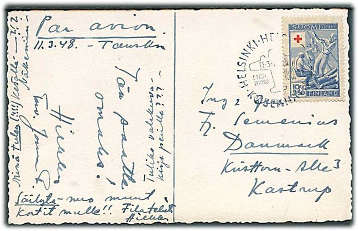 10+2,50 mk. Røde Kors på 1.-flyvnings brevkort annulleret med særstempel Helsinki-Helsingfors / København d. 11.3.1948 til Kastrup, Danmark.