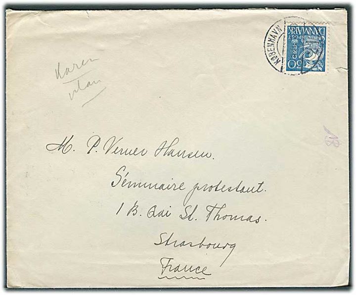30 øre Karavel på brev fra København 1930'erne til Strasbourg, Frankrig.