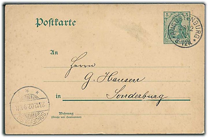5 pfg. Germania helsagsbrevkort stemplet Augustenburg d. 28.12.1902 til Sonderburg.