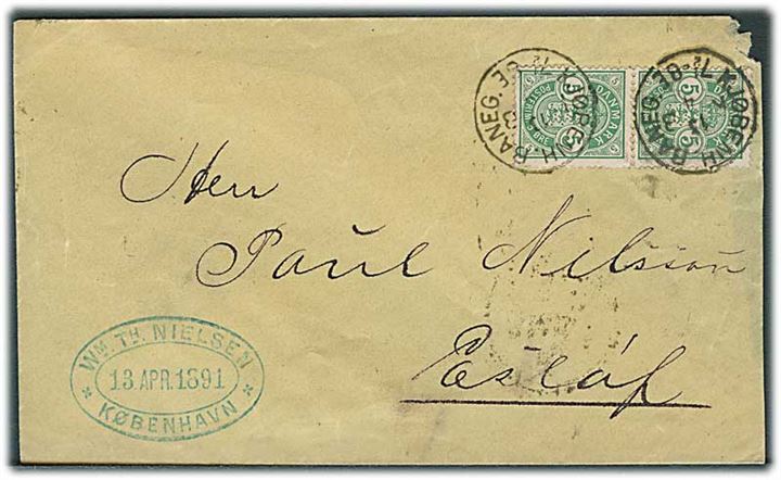 5 øre Våben i parstykke på brev annulleret med lapidar Kjøbenh. Baneg. d. 13.4.1891 via Malmö til Eslöf, Sverige.