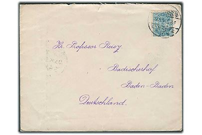 20 øre Våben single på brev fra Kjøbenhavn d. 22.5.1895 til Baden-Baden, Tyskland.