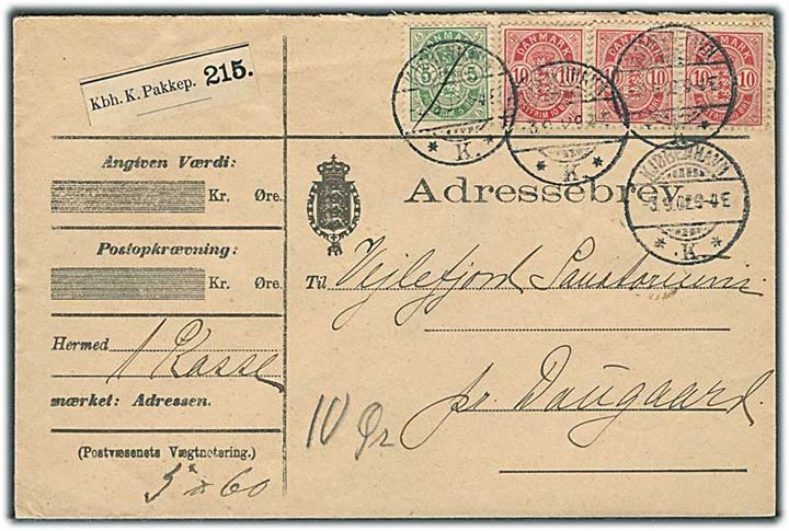5 øre og 10 øre (3) Våben på adressebrev for pakke fra Kjøbenhavn d. 3.9.1902 til Vejlefjord Sanatorium pr. Daugaard.