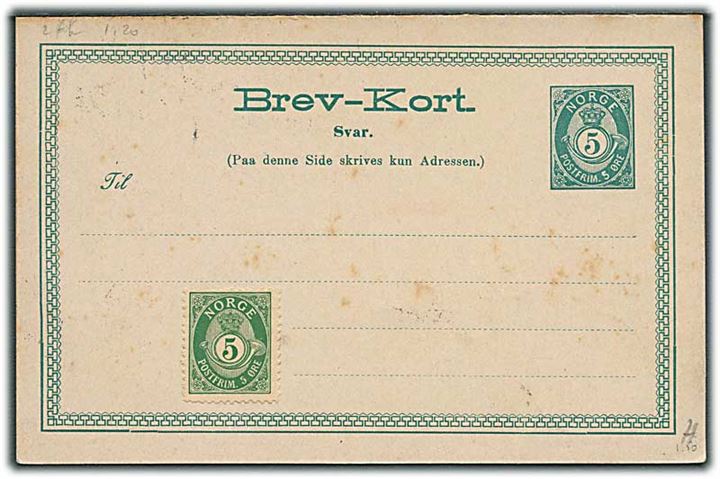 5+5 øre dobbelt helsagsbrevkort opfrankeret med 5 øre Posthorn fra Røros d. 9.2.1898 til Tongres, Belgien. Vedhængende opfrankeret, men ubenyttet svardel.