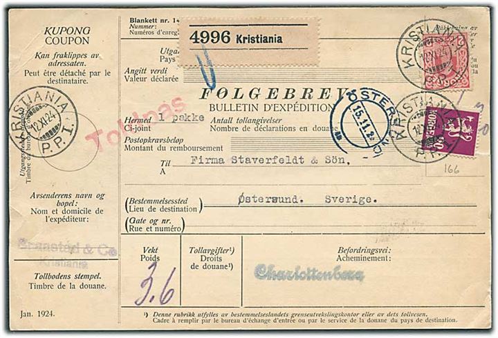 20 øre Løve og 2 kr. Haakon på internationalt adressekort for pakke fra Kristiania d. 12.11.1924 til Östersund, Sverige.