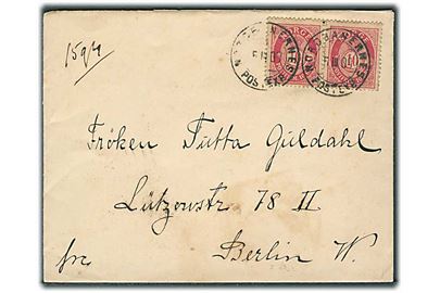 10 øre Posthorn i parstykke på brev annulleret med bureaustempel Nordbanernes Postexp. d. 5.3.1900 til Berlin, Tyskland.
