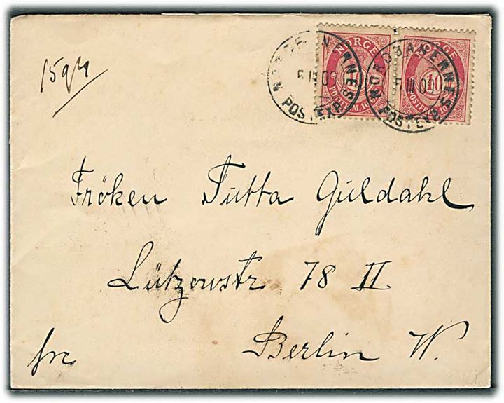 10 øre Posthorn i parstykke på brev annulleret med bureaustempel Nordbanernes Postexp. d. 5.3.1900 til Berlin, Tyskland.