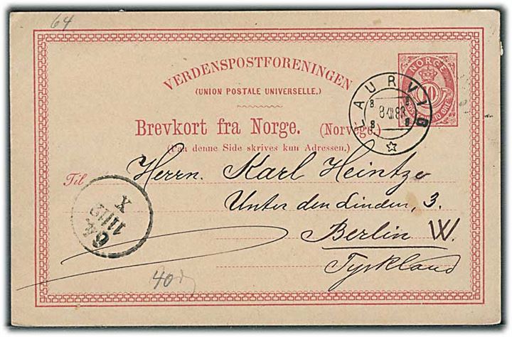 10 øre helsagsbrevkort annulleret med hulstempel Laurvig d. 8.12.1883 til Berlin, Tyskland.