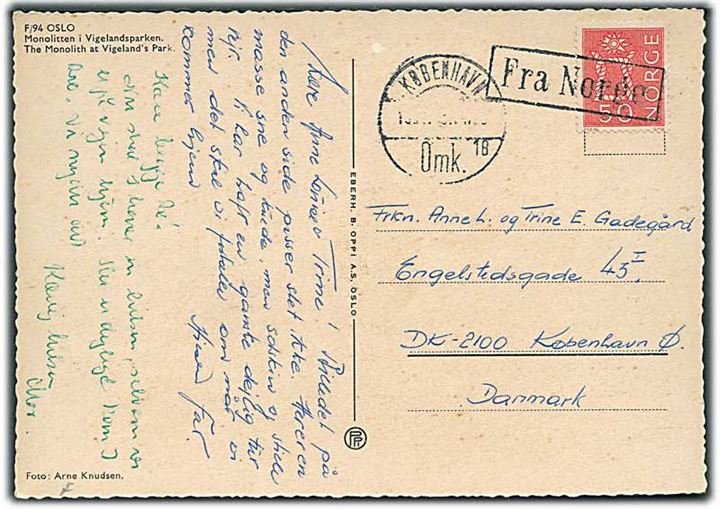 50 øre på brevkort annulleret med skibsstempel Fra Norge og sidestemplet København (utydelig dato) ca. 1970 til København, Danmark.