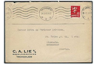 20 øre Løve på brev fra Trondheim d. 24.3.1941 til Stockholm, Sverige. Åbnet af tysk Trondheim-censur med neutral brun banderole og stempel Geprüft / Oberkommando der Wehrmacht / *t*. Fuldt indhold.