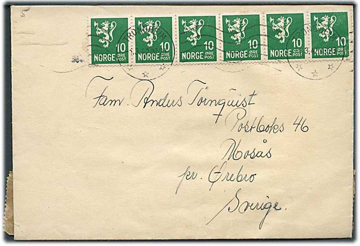 10 øre Løve (6) på brev fra Trondheim d. 1.3.1943 til Morås pr. Örebro, Sverige. Åbnet af tysk Trondheim-censur med neutral brun banderole og stempel Geprüft / Oberkommando der Wehrmacht / *t*.