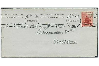 20 øre Turist udg. på brev fra Oslo d. 17.10.1940 til Stockholm, Sverige. Åbnet af tidlig tysk censur i Norge med neutral brun banderole stemplet Geprüft Deutsche Zensur.