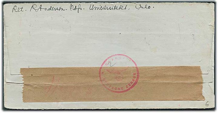 20 øre Turist udg. på brev fra Oslo d. 17.10.1940 til Stockholm, Sverige. Åbnet af tidlig tysk censur i Norge med neutral brun banderole stemplet Geprüft Deutsche Zensur.