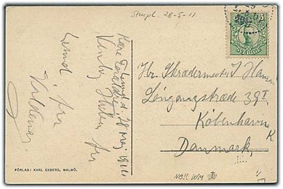 5 öre Gustaf vm. krone på brevkort fra Lund d. 28.5.1911 til København, Danmark.
