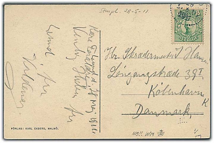 5 öre Gustaf vm. krone på brevkort fra Lund d. 28.5.1911 til København, Danmark.