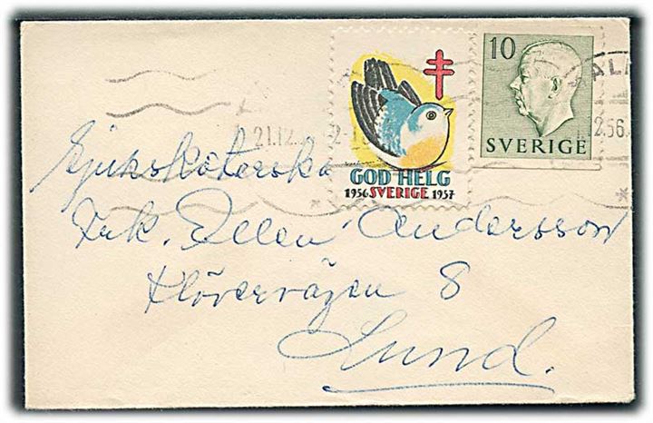 10 öre Gustaf og Julemærke 1956 på brev fra Malmö x.12.1956 til Lund.