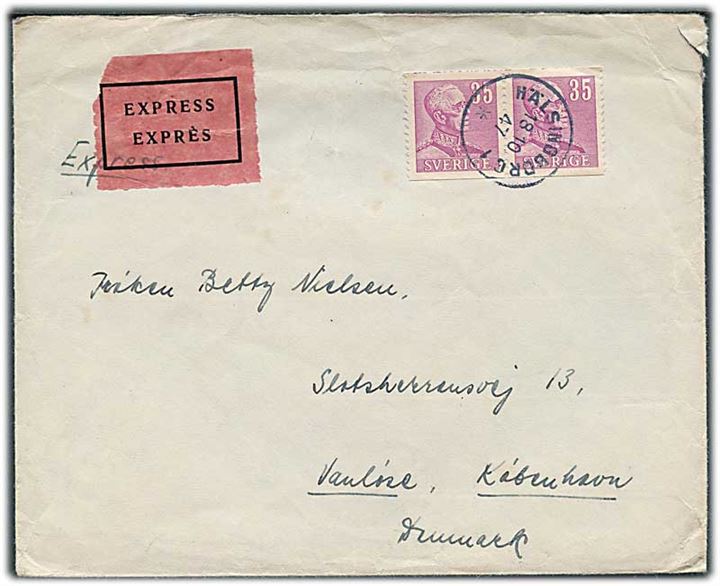 35 öre Gustaf i parstykke på ekspresbrev fra Hälsingborg d. 18.10.1947 til København, Danmark.