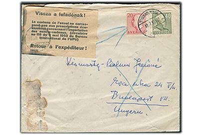 20 öre og 40 öre Gustaf på brev fra Stockholm d. 18.7.1952 til Budapest, Ungarn. Retur med meddelelse vedr. forbudt indhold.