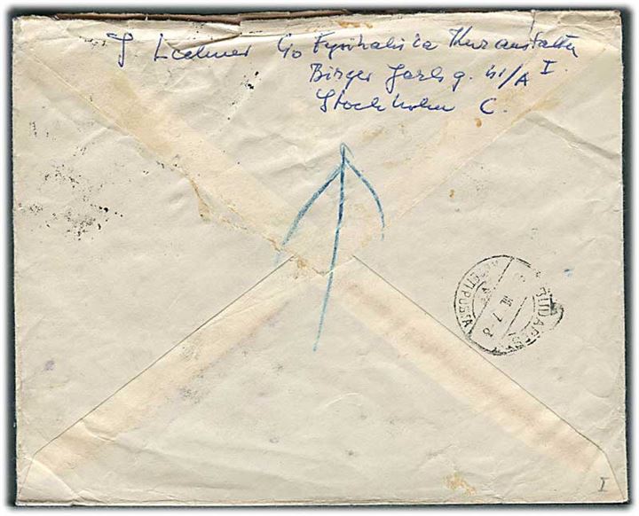 20 öre og 40 öre Gustaf på brev fra Stockholm d. 18.7.1952 til Budapest, Ungarn. Retur med meddelelse vedr. forbudt indhold.