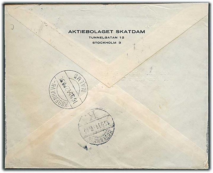 90 öre Tre Kroner single på ekspresbrev fra Stockholm d. 16.9.1954 via sejlende bureau København - Malmø 2.Post d. 16.9.1954 til København, Danmark.