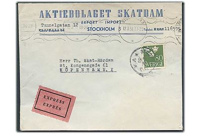 80 öre Tre Kroner single på ekspresbrev fra Stockholm d. 12.3.1951 til København, Danmark.