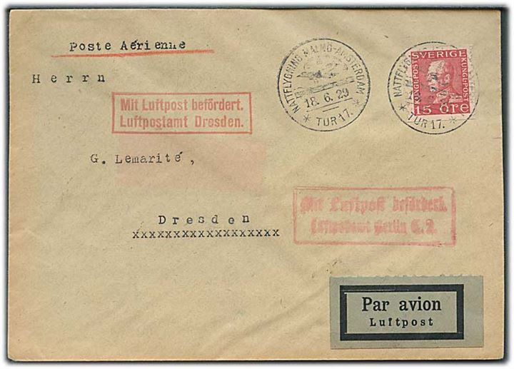 15 öre Gustaf på luftpostbrev annulleret med særstempel Nattflygning Malmö - Amsterdam Tur 17 d. 18.6.1929 via Berlin til Dresden, Tyskland.