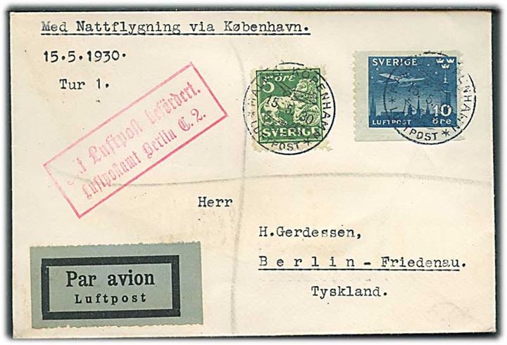 5 öre Løve og 10 öre Luftpost på 1.-flyvnings luftpostbrev annulleret med særstempel Malmö - Köpenhamn * Luftpost * d. 15.5.1930 til Berlin, Tyskland.