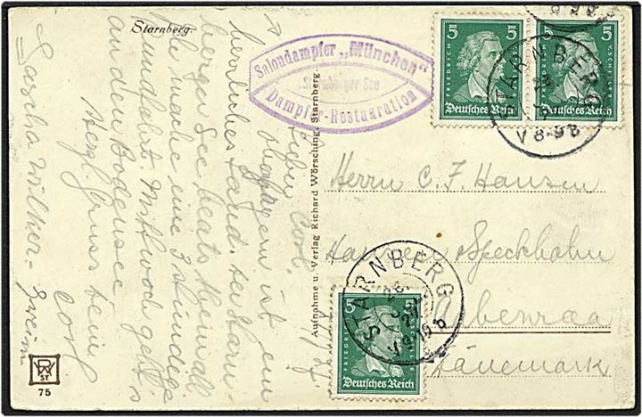 15 pfennig på postkort fra Starnberg, Tyskland, d. 26.7.1927 til Aabenraa. Stemplet Salondampfer München.