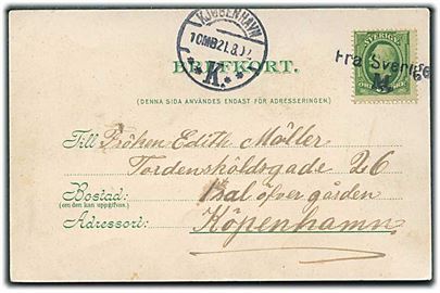 5 öre Oscar på brevkort fra Lund annulleret med skibsstempel Fra Sverige M. og sidestemplet Kjøbenhavn d. 21.8.1902 til København, Danmark.