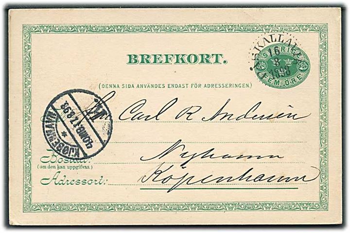 5 öre helsagsbrevkort fra Påskallavik d. 16.8.1898 til København, Danmark.