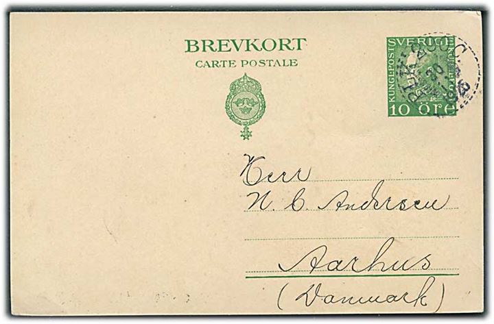10 öre Gustaf helsagsbrevkort fra Stockholm annulleret med bureaustempel PLK 290C. d. 30.11.1925 til Århus, Danmark.