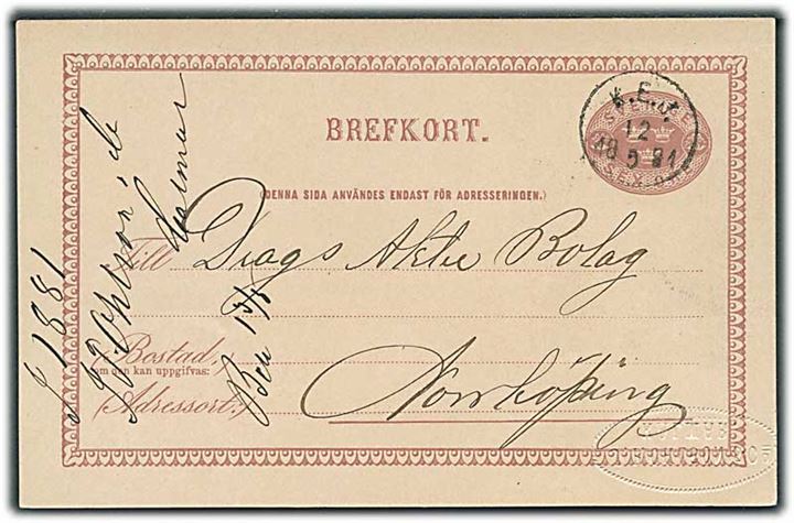 6 öre helsagsbrevkort fra Kalmar annulleret med bureaustempel K.E.J. (Kalmar-Emmaboda järnväg) d. 12.5.1881 til Norrköping.