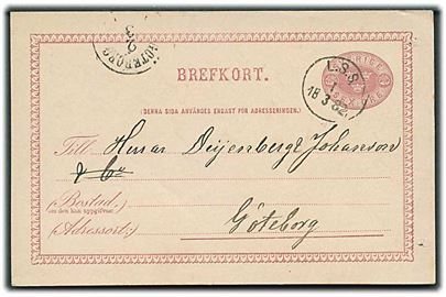 6 öre helsagsbrevkort fra Skara annulleret med bureaustempel L.S.S. (Lidköping-Skara-Stenstorp) d. 1.3.1882 til Göteborg.