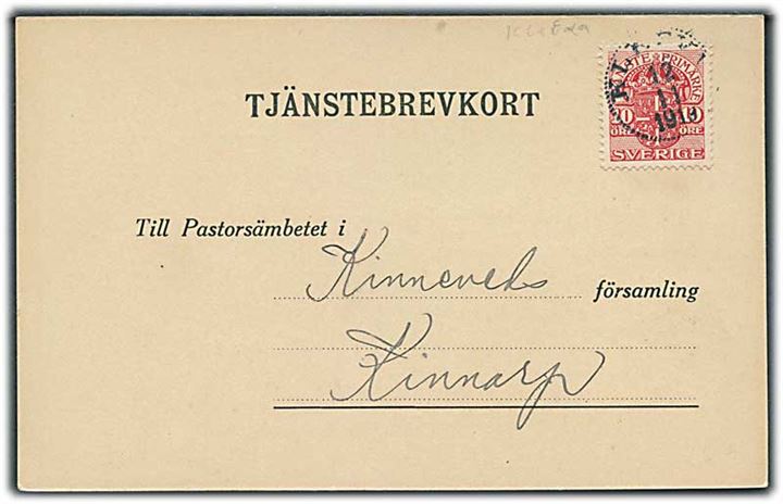 20 öre Tjenestemærke på brevkort fra Klefva d. 12.11.1919 til Kinnarp.