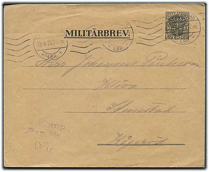 10 öre Militärbrev fra Kristianstad d. 23.9.1923 til Kågeröd. Fra soldat ved Fältpostkontor nr. 5 under manøvre i 1923. 