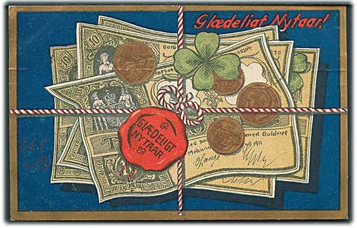 Glædelig Nytaar. Pengesedler og guldmønter med rød/hvid snor omkring. Blå baggrund og guldkant. Stenders u/no.