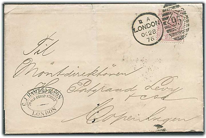 2½d Victoria med perfin C.I.H.&S på brev fra firma C.J.Hambro & Son annulleret med duplex London/95 d. 28.10.1876 til Kjøbenhavn, Danmark.