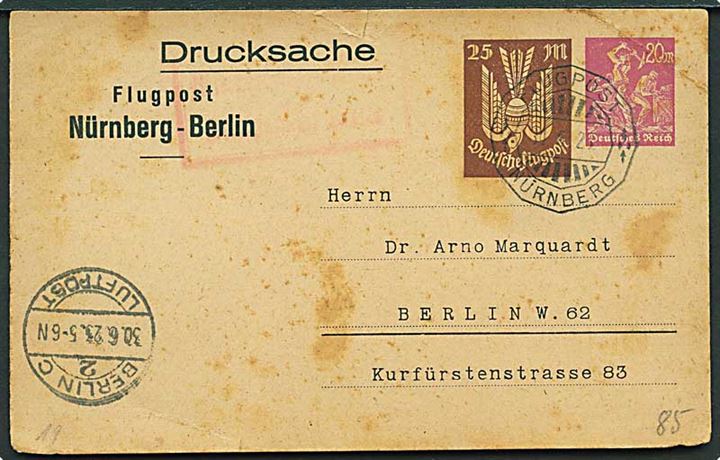 20+25 mk. privat helsags luftposttryksag stemplet Flugpost Nürnberg d. 30.6.1923 til Berlin. Slidt.