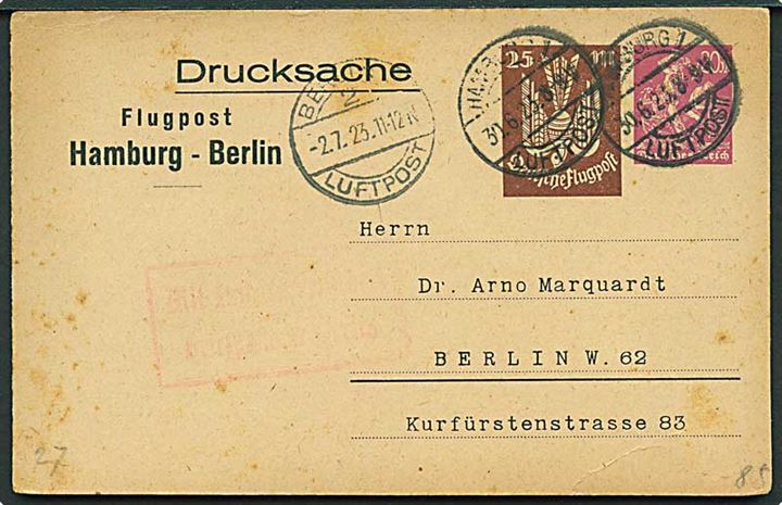20+25 mk. privat helsags luftposttryksag stemplet Hamburg Luftpost d. 31.6.1923 til Berlin. Slidt.