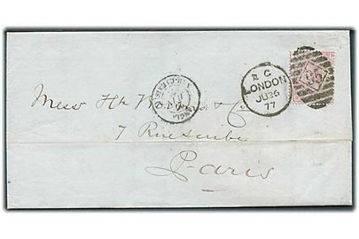 2½d Victoria med perfin H.B. på brev med indhold fra London d. 26.6.1877 til Paris, Frankrig. Transit stemplet Angl. Amb. Calais d. 27.6.1877.