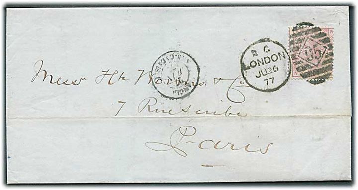 2½d Victoria med perfin H.B. på brev med indhold fra London d. 26.6.1877 til Paris, Frankrig. Transit stemplet Angl. Amb. Calais d. 27.6.1877.