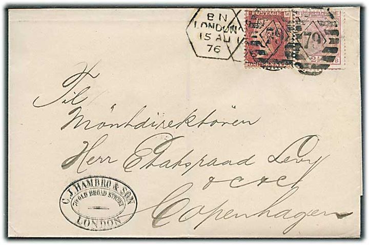 1d og 2½d Victoria på brev fra London d. 15.8.1876 til Kjøbenhavn, Danmark.
