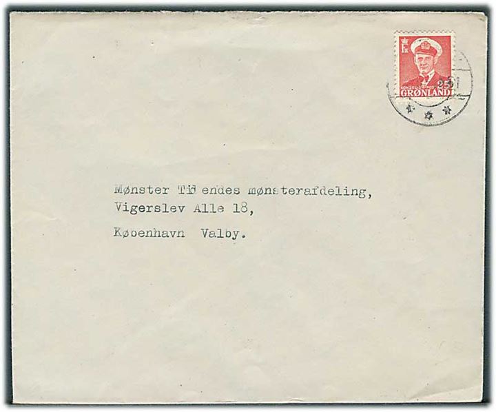 25 øre Fr. IX på brev annulleret med svagt stempel fra Umanak 1951 til København.